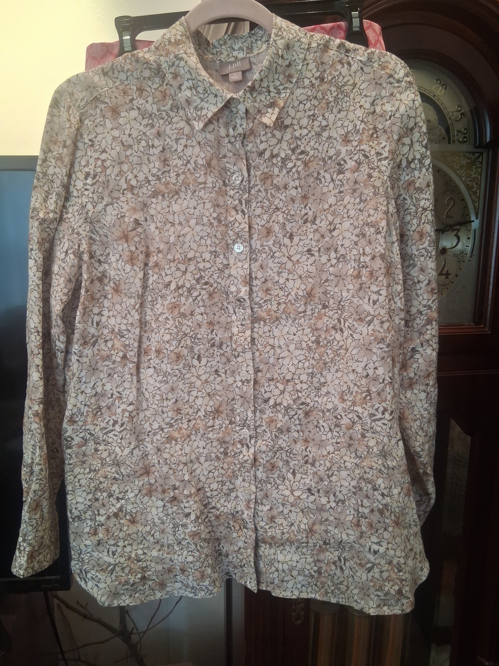 J. Jill Neutral Floral Button-Front Top in Beige and Brown 100% Linen